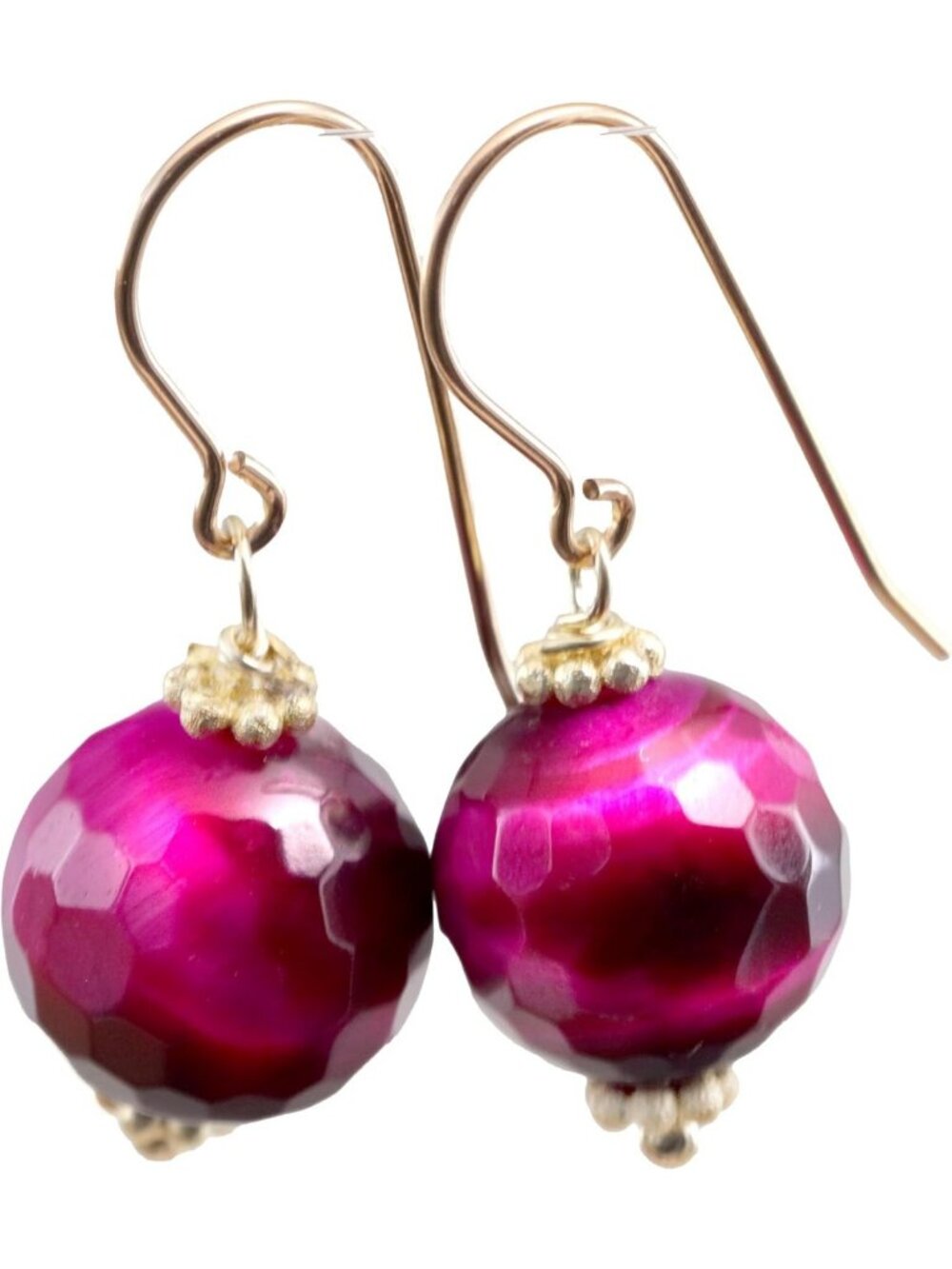 Fuchsia Hot Pink Tiger's Eye Earrings | Simple Faceted Round Shimmer Drops 14k